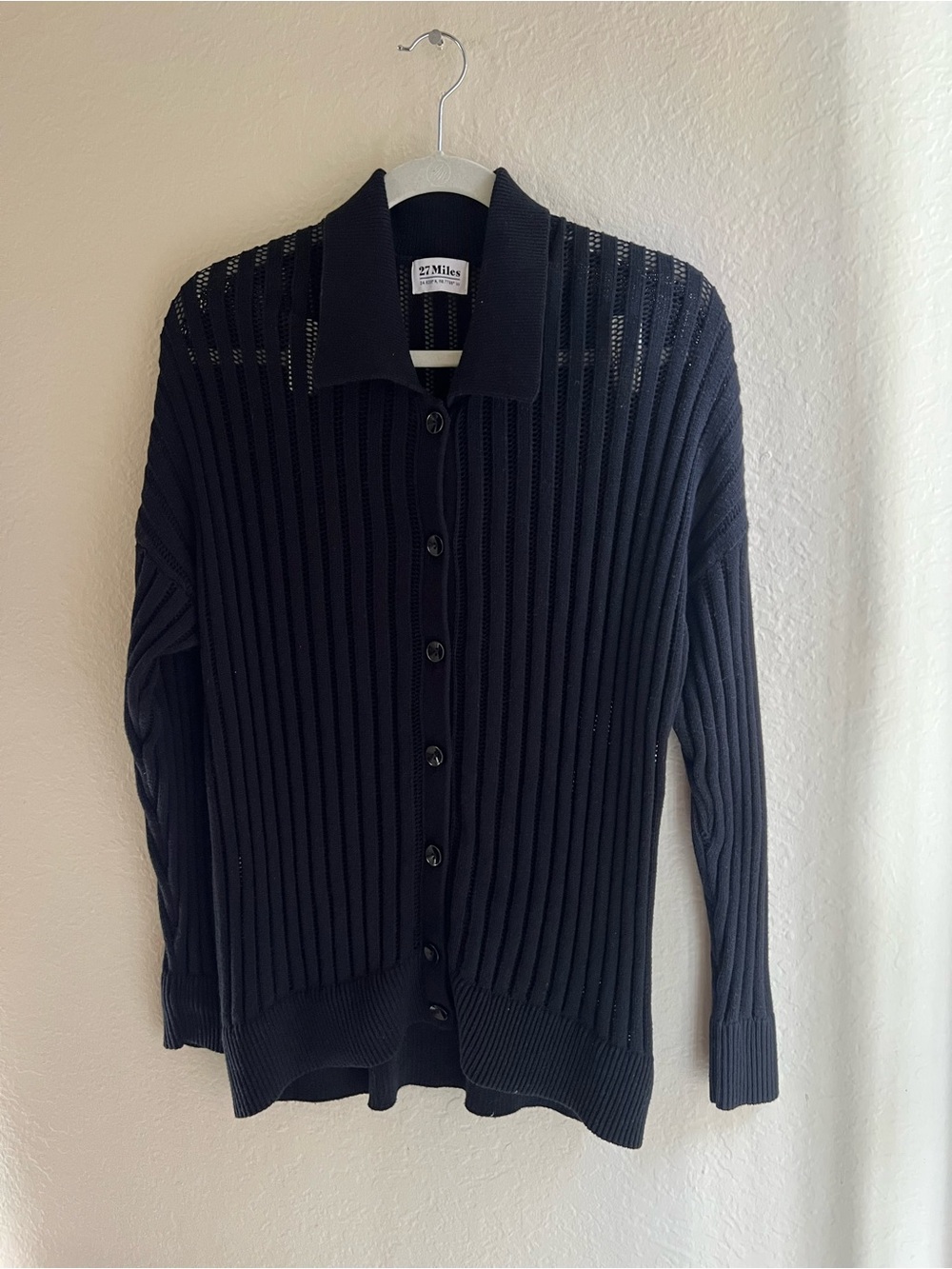 27 Miles Malibu Black Open-Stitch Ribbed Button Cardigan, NWOT.